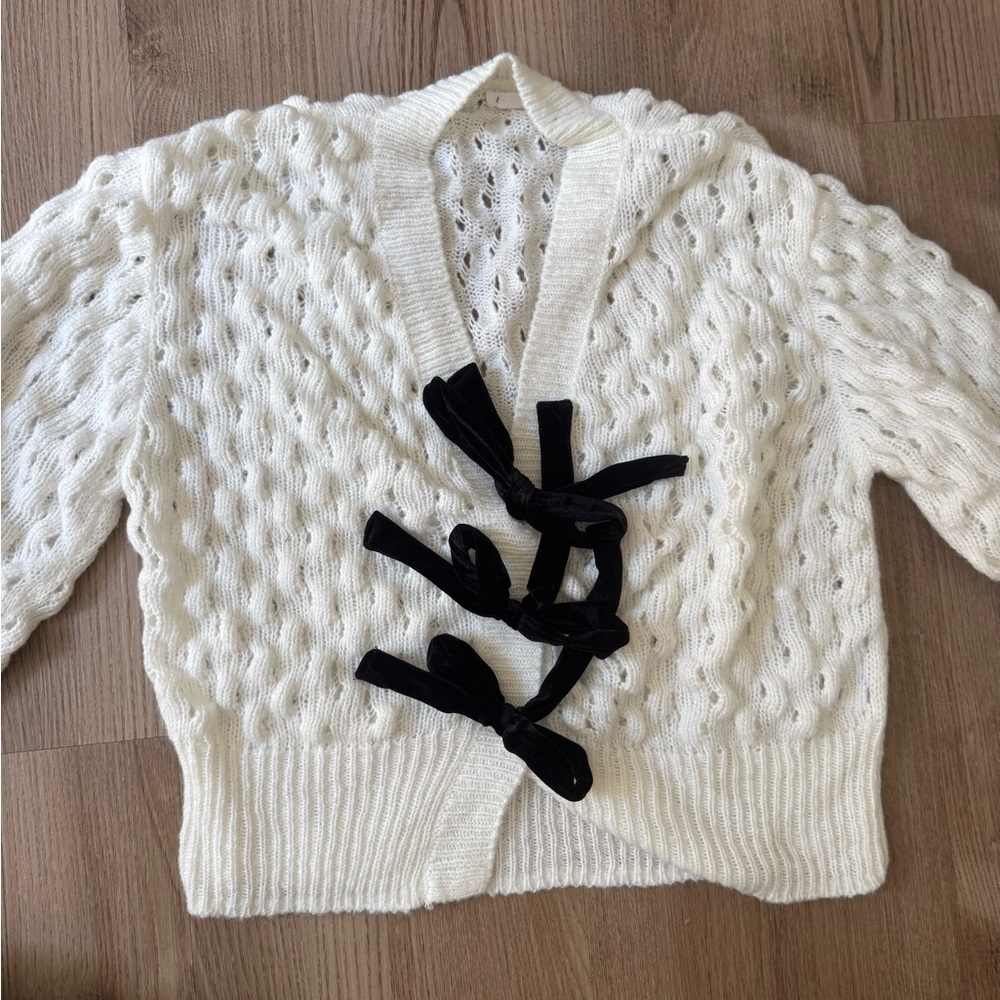 Kimchi Blue Cream Cardigan with Black Velvet Ties